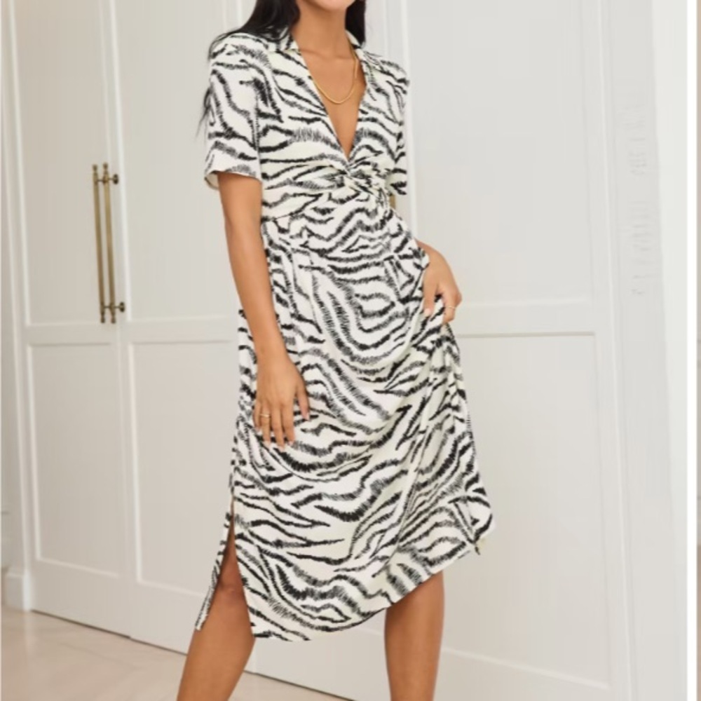 Cupshe Abstract Zebra Print Collared Plunging Twist Front Midi Dress Size S